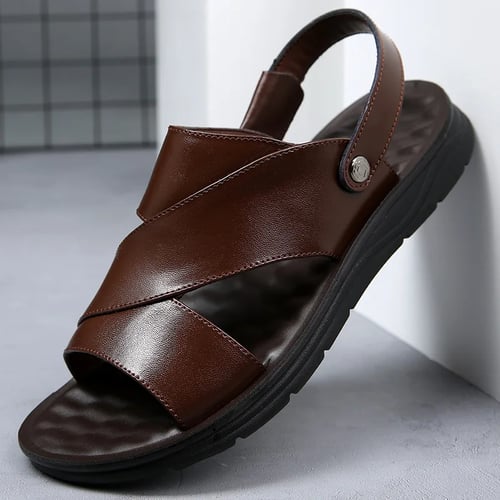 Mens 2019 Summer Open Toe Slingback Leather Flats Casual Sandal Slipper Shoes sz 