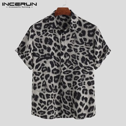 Men's Short Sleeve Leopard Printed Shirts Casual Loose Beach Party Tops Blouses 