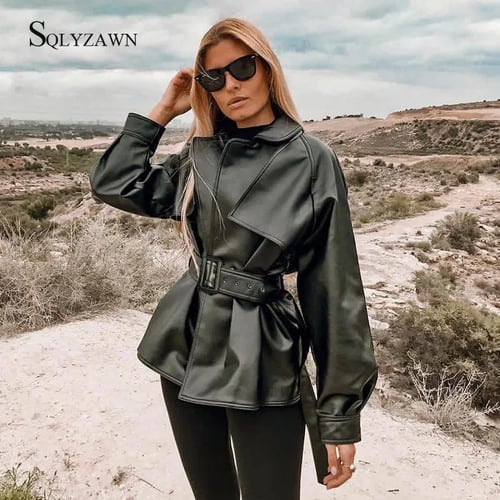 Pu Faux Leather Black Gothic Trench Coat Women Autumn Winter Punk Motorcycle Jacket With Bandage Belt Ladies Fashion Outwear Pu Faux Leather Black Gothic Trench, Black Leather Gothic Trench Coat