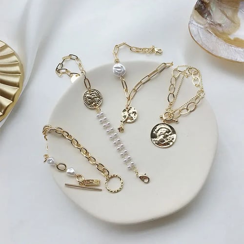 Baroque Pearl Irregular Imitation Charm Bracelet Bangle Metal Gold Tassel Women
