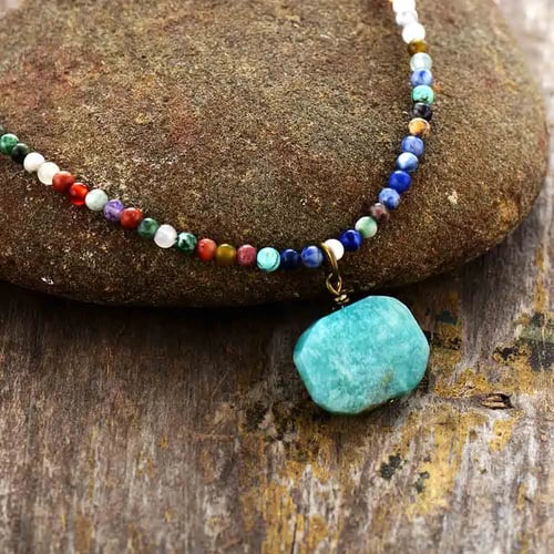 Raw Gemstone Necklace Agate slice Pendant Healing Jewelry | Engraved Crystal Necklace Sacred geometry Jewelry Blue Boho Pendant