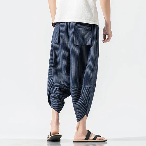 Men's Harem Pants Linen Loose Cropped Pant Capri Oversize Trousers Casual Summer
