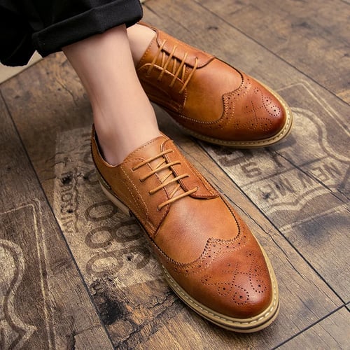 Mens Classic Genuine Real Leather Tan Brown Retro Formal Brogue Lace up Shoes