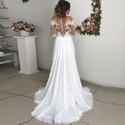 Beach Boho Wedding Dress Long Sleeve Chiffon Bridal Gown Lace Scoop Neck White 