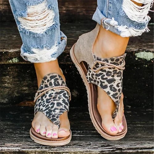 Sandals for Women Casual Summer Leopard Print Flat Beach Sandals Comfy Roman Sandal Shoes Flip Flops Slippers Lace-Up Flats
