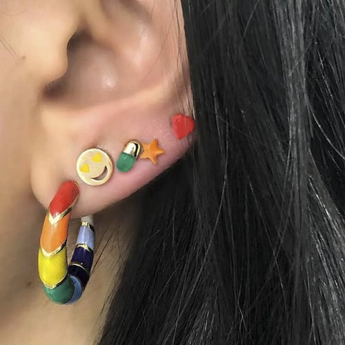 4Pcs/  Enamel Geometric Circle Ear Cuff Stackable Cute Ear Clip Earrings Women
