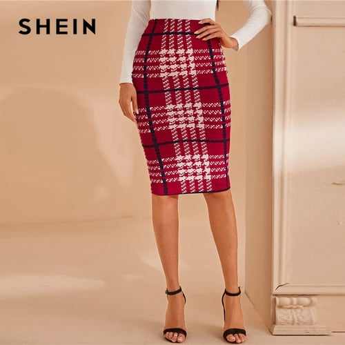 SheIn Womens Elegant Grid Print High Waist Bodycon Pencil Midi Mid-Calf Skirt