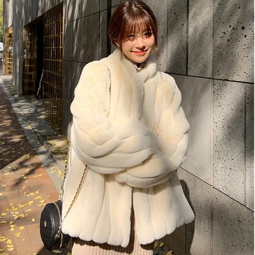 Faux Fur Coat Women Casual Korean White, Faux Fur Coat Jacket White