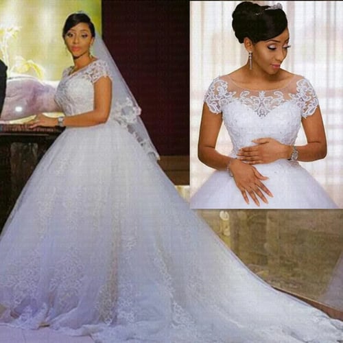 Vintage Lace Appliques African Wedding Dress 2021 Short Sleeves Cheap Vestido De