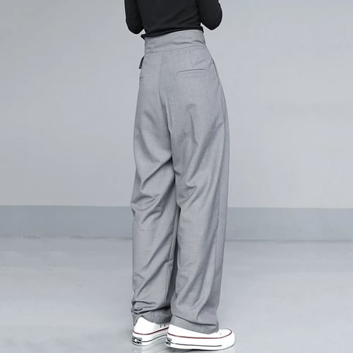 EAM] High Waist Pleated Gray Brief Long Wide Leg Trousers New 