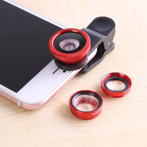 3 in 1 Fish eye Wide Angle Macro Clip On Camera Lens Zoom For iPhone Samsung Universal Red