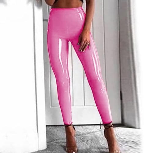 Women Pu Leather Legging Pants Skinny, Pink Faux Leather Pants