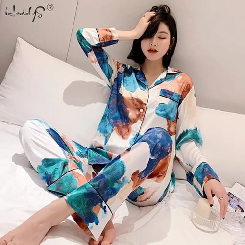 Women Mens Silk Satin Pajama Set Couples Long Sleeve Sleepwear Homewear Robes Pj
