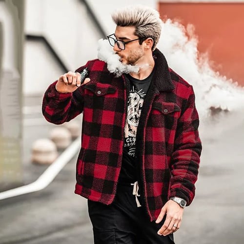 Men Clothing Fashion Winter Coat, Red And Black Plaid Winter Coat