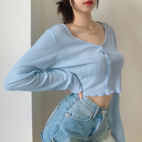 Korean Style Women's Knitted Crop Tops Solid Sexy V-Neck Short Cardigan  Mujer Loose Long Sleeve Thin Sweater Woman Top Aesthetic - buy Korean Style  Women's Knitted Crop Tops Solid Sexy V-Neck Short