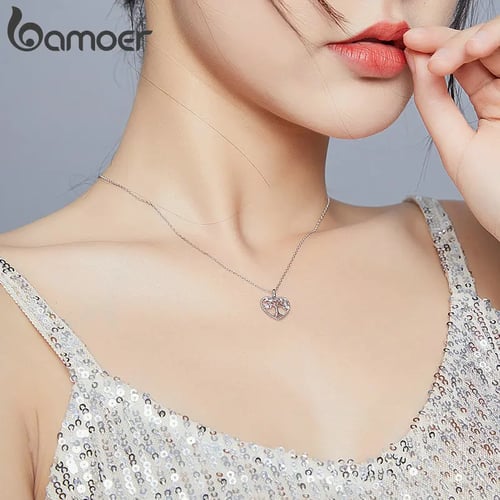 Bamoer S925 Sterling Silver Necklace with Pearl Pendant and Clear Cz For Women