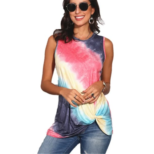Summer Womens Tie Dye Plus Size Tee Crew Neck Tank Top Sleeveless T-shirt Blouse