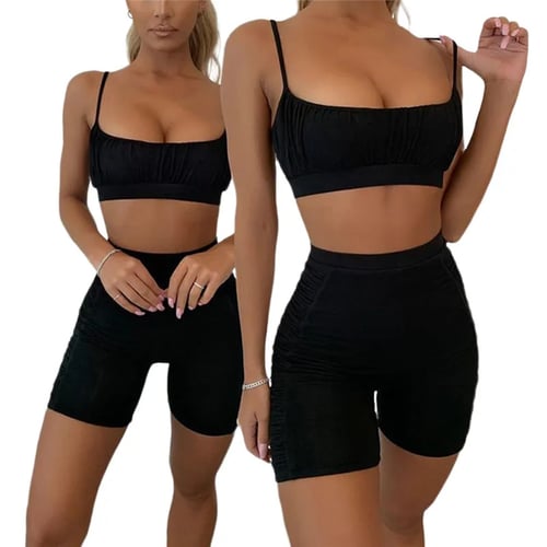 2 bra tops leggings and shorts Ladies Sports Clothing Set 
