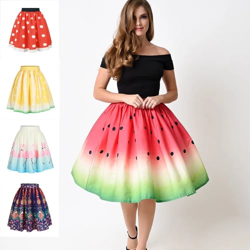 Flamingo High Waist Women Skirt Pleated Summer Dress Vintage 50s 60s Pattern