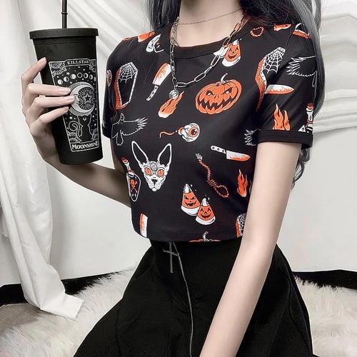 Women Harajuku T-shirt Gothic Print Streetwear Short Tops Short Sleeve Tee Tops