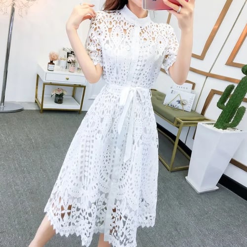 Women Vintage Embroidery Lace Short Sleeve Dress 