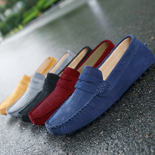 Genuine Boat Suede Leather Mens Casual Blue Red Classic Loafers Handmade Driving Shoes Men