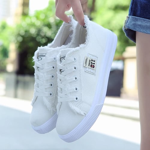 Korean Womens Low Top Fashion Lace Up Platform Casual Canvas Sneakers Flat Shoes 