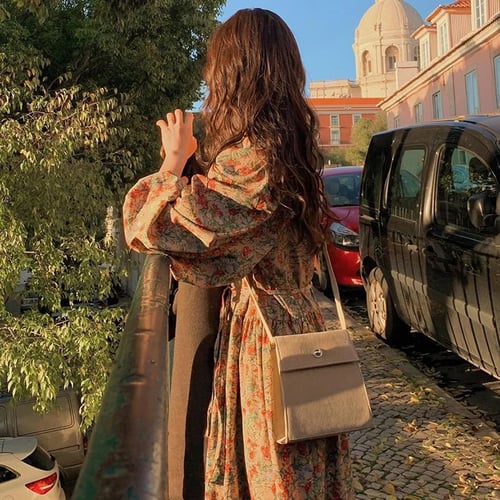 Romance Vintage Oil Painting Feeling Dress One Piece A Line Puff Sleeve Dress Long Vintage Robe Longue Vestido Largo Buy Romance Vintage Oil Painting Feeling Dress One Piece A Line Puff