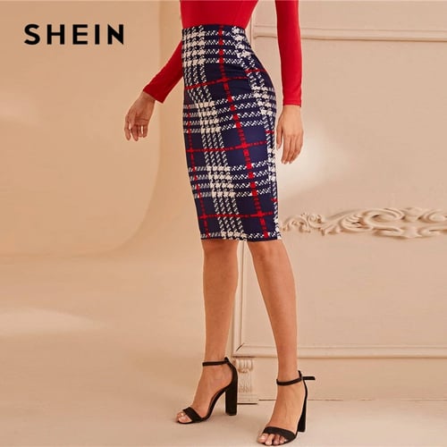 SheIn Womens Elegant Grid Print High Waist Bodycon Pencil Midi Mid-Calf Skirt