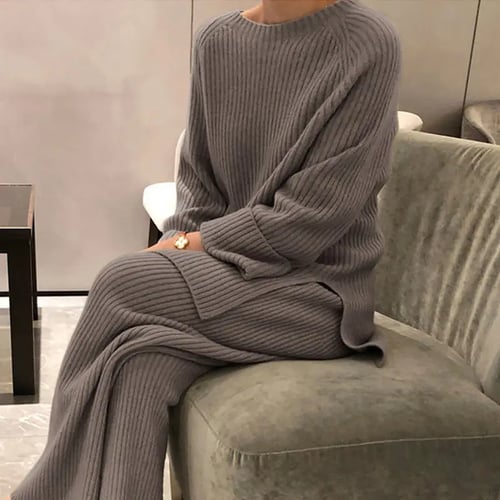 Wide Leg Pants Suits Winter Thick Zsell 2Pcs Womens 100% Cashmere Knit Sweater Wide Leg Pants Suits Winter Thick Zsell 2Pcs Womens 100% Cashmere Knit Sweater