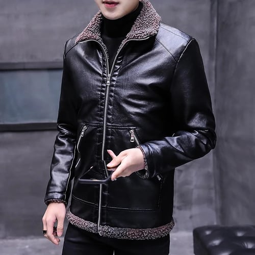 Women Leather Jacket Coat Thicken Tops Warm Outwear Fur Collar Cuff Hip Long
