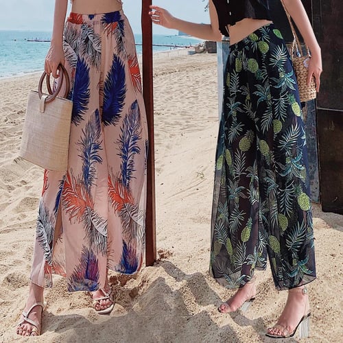 Summer Casual Women Printed Floral Loose Wide Leg Pants Ninth Chiffon Trousers
