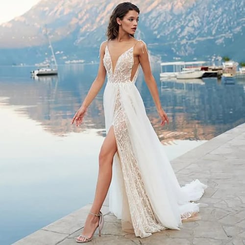 Split Full Lace Beach Wedding Dresses Spaghetti Straps Backless Boho Bridal Gown 