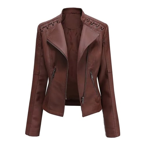 Womens Autumn Winter Lapel Faux Leather Zipper Long Sleeve Blazer Jacket Coats