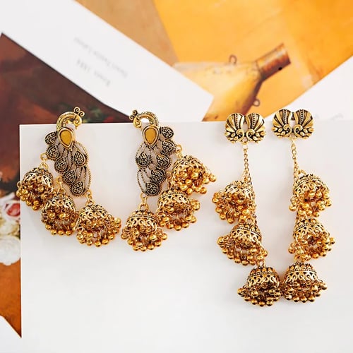 Vintage Fashion Carved Peacock Tassel Drop Bells Dangle Jhumka Indian Earrings 