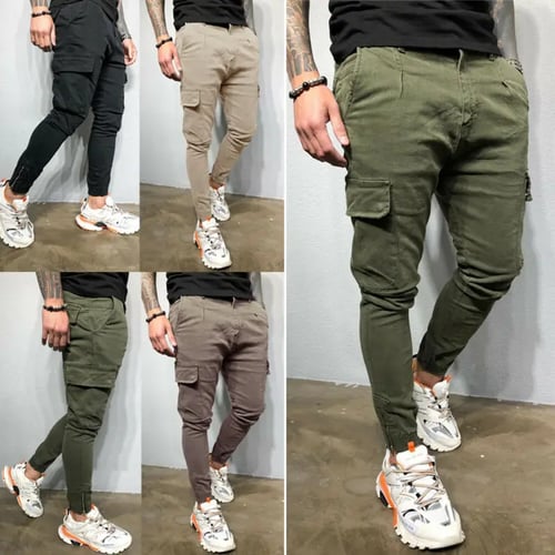 Mens Slim Fit Skinny Casual Cargo Overalls Pants Pocket Long Military Trousers # 