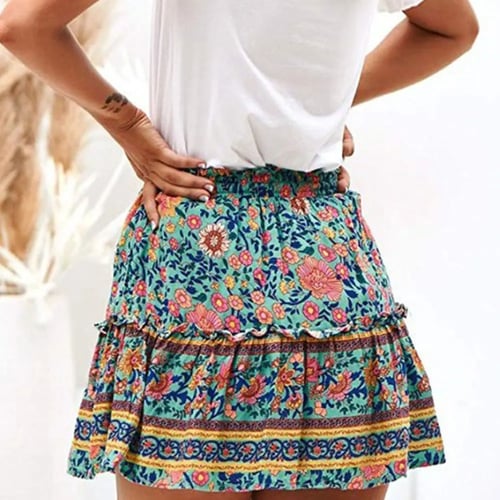 Women Casual Skirt A Line Elastic Waist Summer Beach Floral Ruffle Pleated