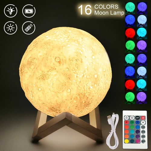 3D Print Moon Lamp Rechargeable LED Night Light Touch Switch Bedside Lights 