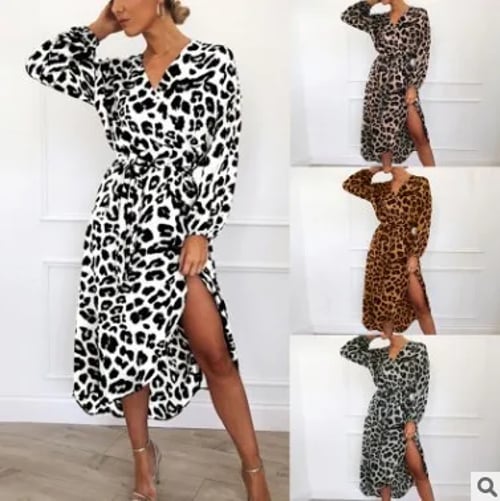 Womens Leopard Print V Neck Lace-up Dress Ladies Casual Party Club Midi Dresses