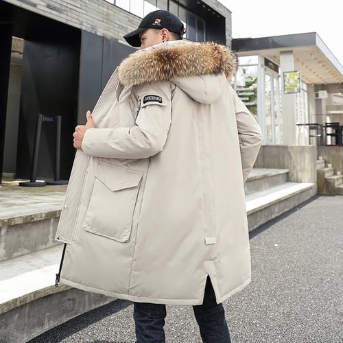 Mens Fur Collar Hooded Thicken Trench Long Winter Coat Jacket Parka Slim Korean 