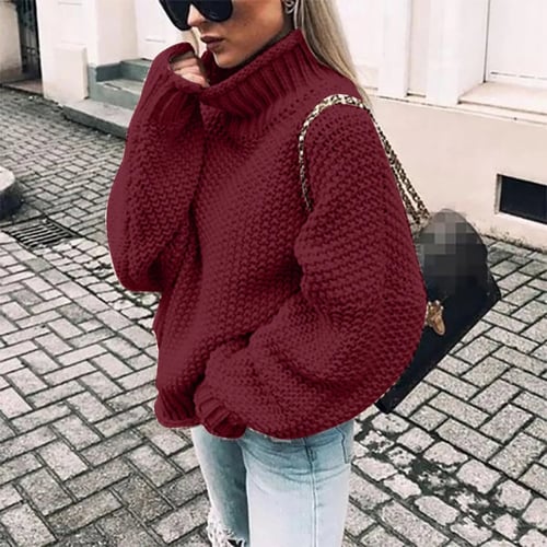 Womens Loose Pullover Winter Casual Warm High Neck Knitted Sweater Jackets Tops
