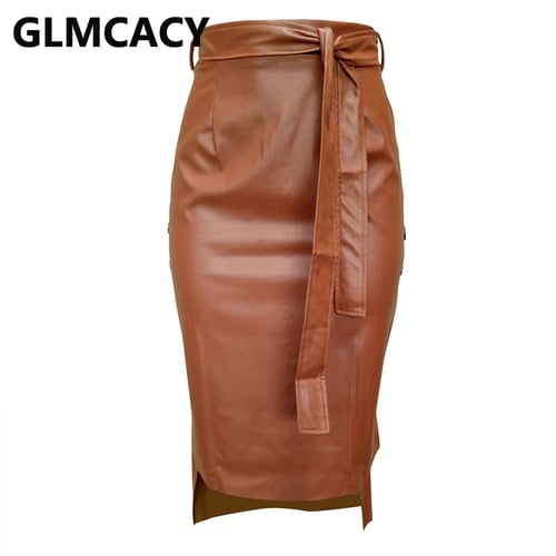 NEW SLIT BROWN LONG LENGTH FAUX LEATHER SKIRT LADIES BODYCON WOMENS PENCIL PARTY 