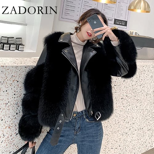 Womens Elegant Fox Faux Fur Slim Fit Zipper Dress Coat PU Leather Outerwear Jacket