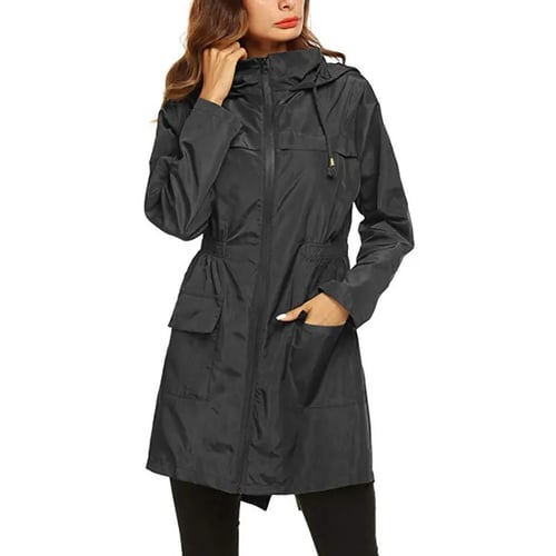 Plus Size Womens Hooded Long Coat Windbreaker Zipper Trench Parka Outwear Jacket