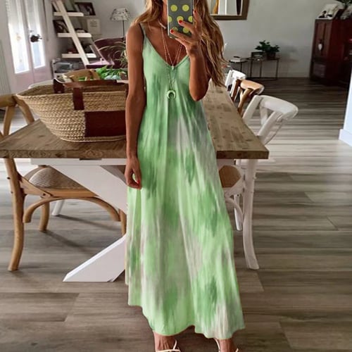 US Women Casual Loose Tie Dye Strappy Long Maxi Dress V Neck Boho Beach Sundress 