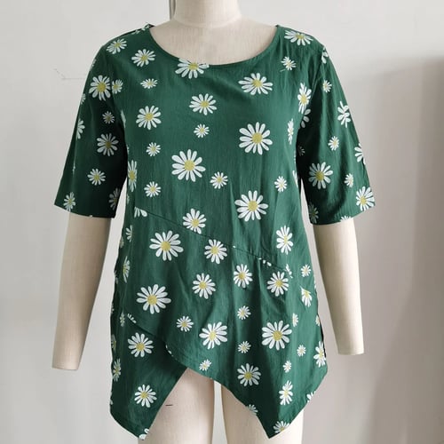 Women Tops,O Neck Short Sleeve T-Shirt Marguerite Print Irregular Hem T-Shirt Blouse Pullover for Summer