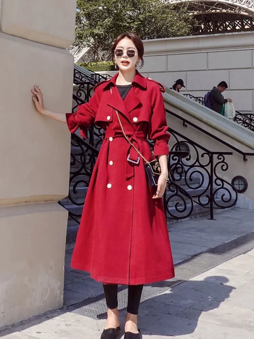 Wine Red Color Trench Coat Temperament, Red Ladies Long Trench Coat