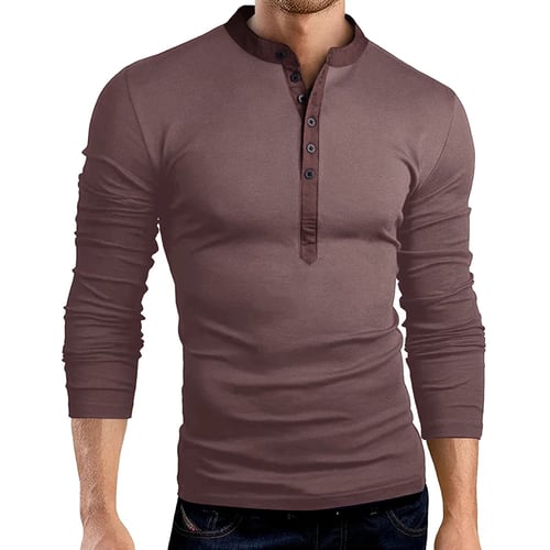Mens Shirts Cotton and Linen T Shirts Hipster Long Sleeve Stand Collar Button Tee Tops 