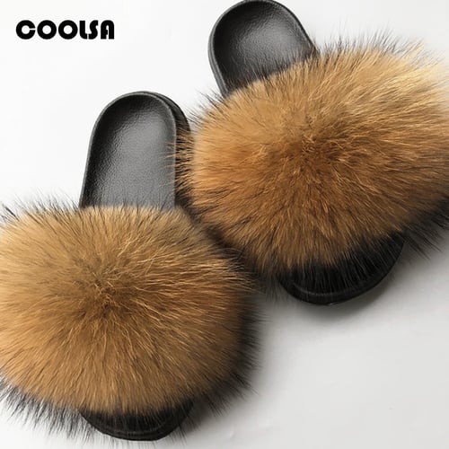 Fox Fur Slippers Fox Hair Slides Indoor Casual Beach Sandals Plush Shoes 