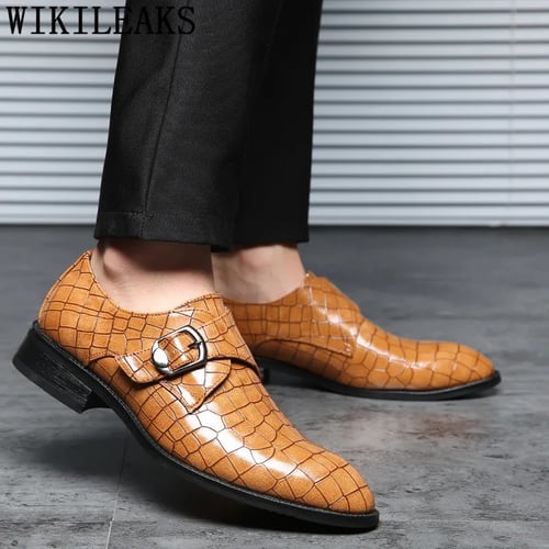 Mens Real Leather Crocodile Print Brown Monk Strap Retro Formal Loafers Shoes